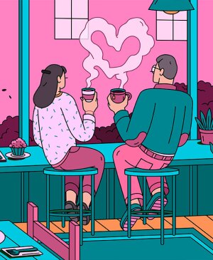 illustration of couple sitting at coffee shop drinking coffee