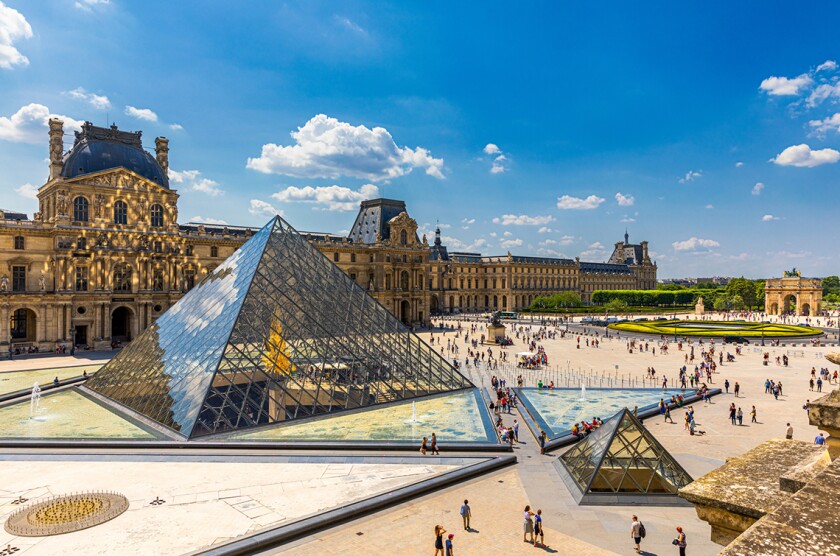 View of the Louvre Museum, the world's largest art museum and a historic monument in Paris, France, on a sunny day. Panoramic view of Louvre Museum and it's courtyard.