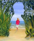 illustration of woman walking past greenery towards ocean 