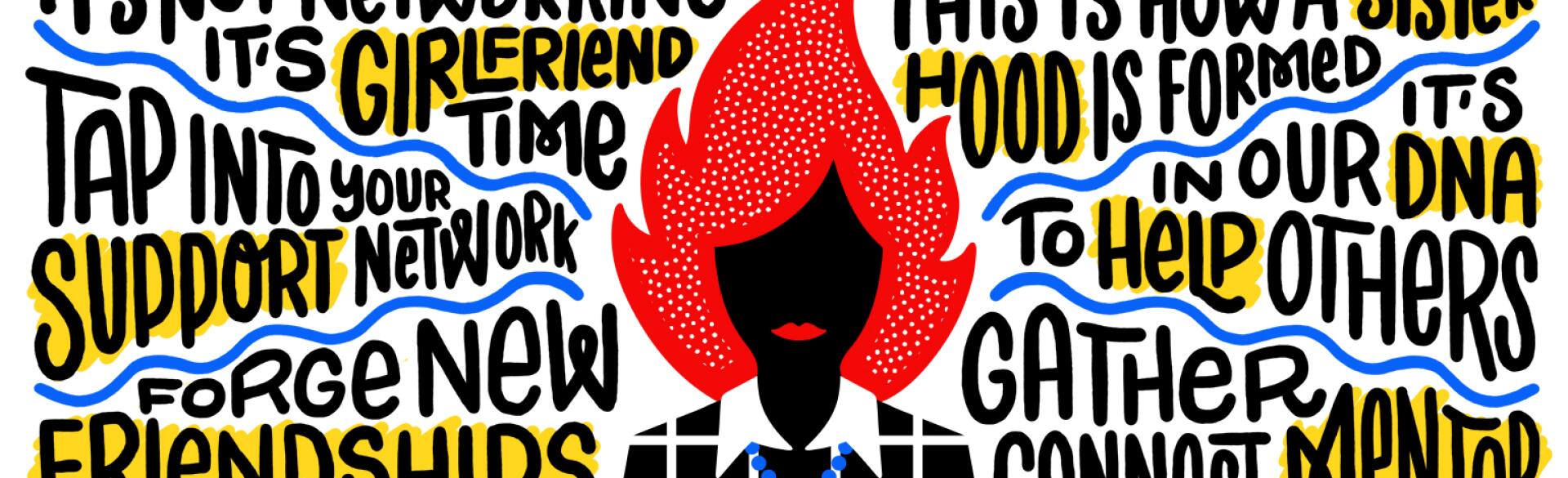 illustration of woman with blazing red hair and networking words surrounding