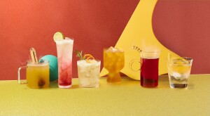 6 cocktails for fall on a yellow, light green and burgundy background. 