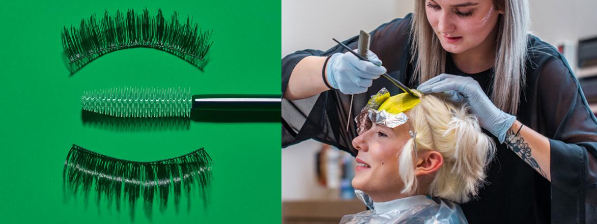green mascara, woman applying hair dye, two women, beauty treatment, photo