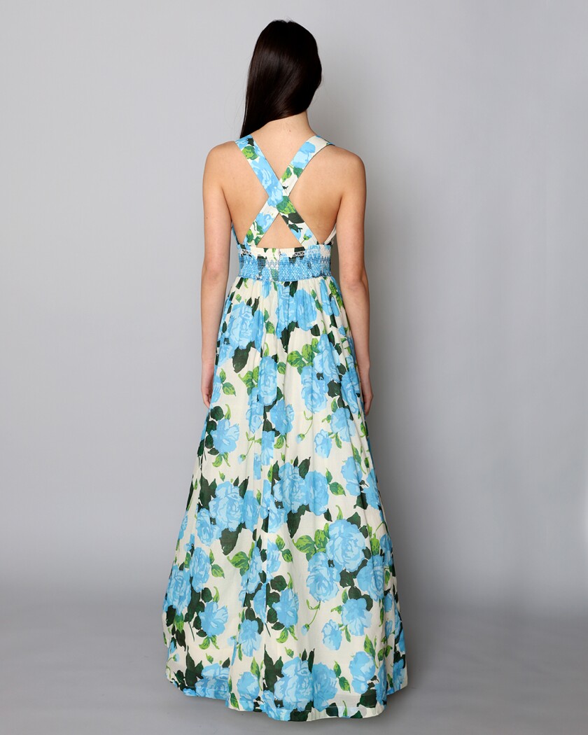Back view of woman in a floral print dress