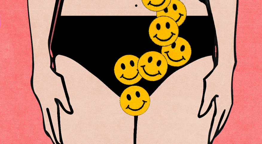 illustration of smiley faces covering women's uterus area