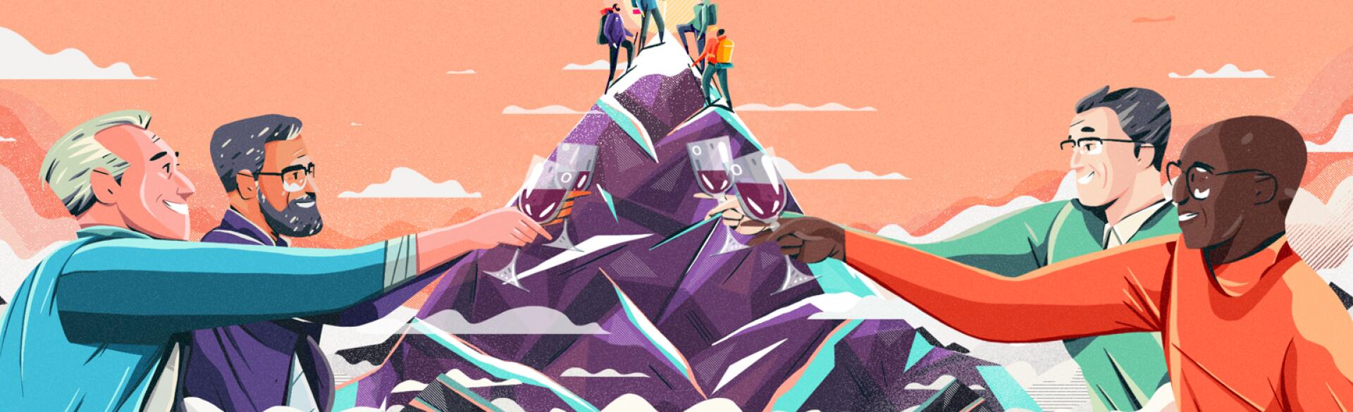 illustration of four men drinking wine with a mountain in the background and them hiking