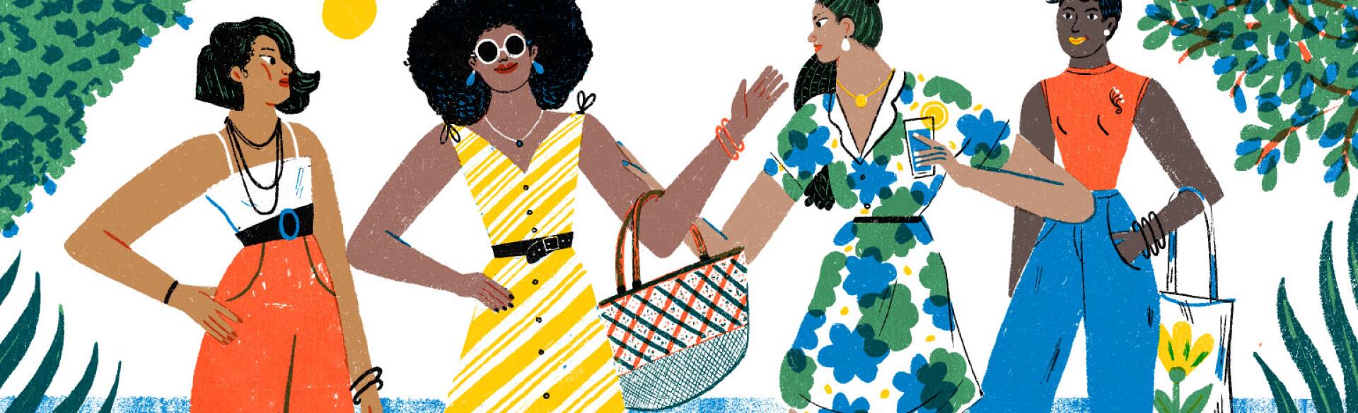 A graphic of four women walking outdoors together.