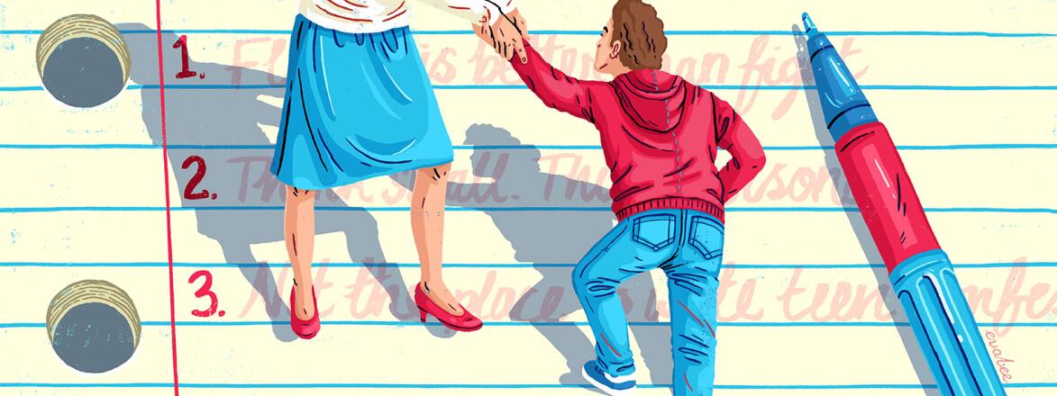 illustration of mother helping son climb up application paper