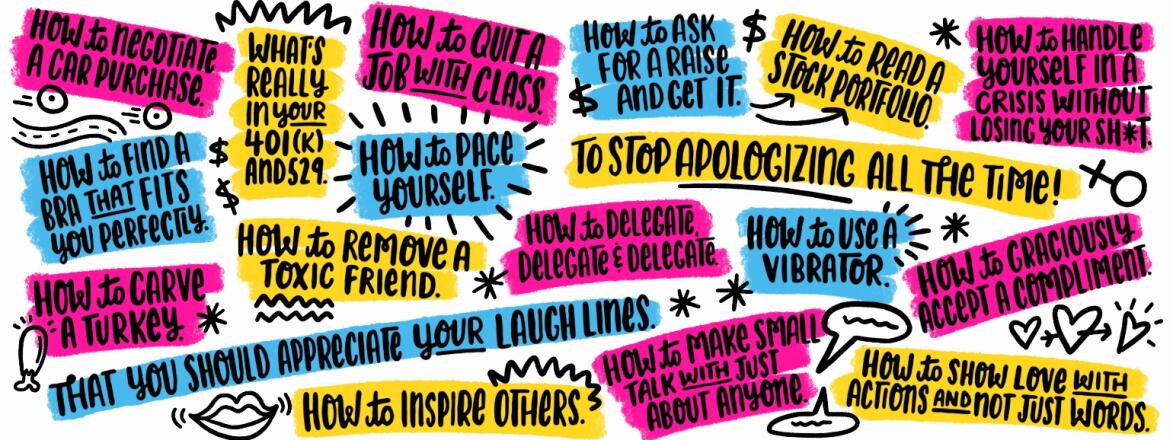 graphic with examples of 40 things women by 40 should know