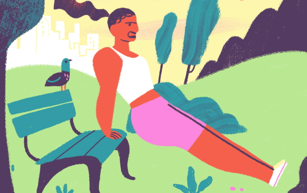 animation_of_woman_working_out_on_park_bench_getting_cheered_on_by_Carolina_Buzio_612x386.gif