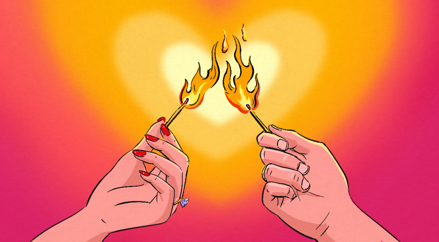 illustration of couple holding up matches in flames, spice up marriage