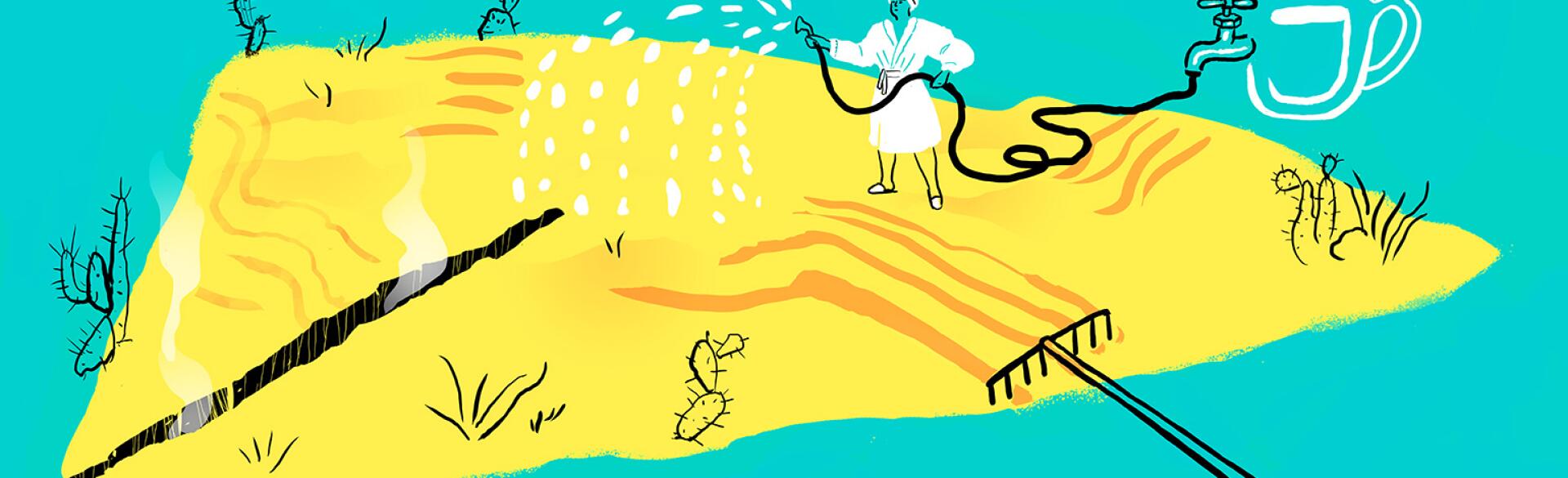 An illustration of a woman spraying water on a dry desert drawn to resemble a vagina.