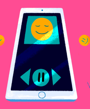 illustration of phone playing happy music, black girl joy
