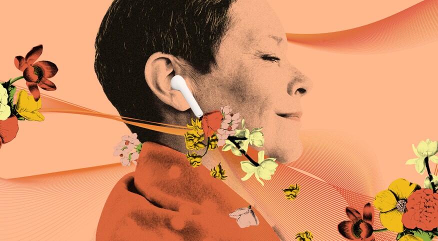 photo collage of woman with airpods listening to podcast, surrounded by bees and flowers
