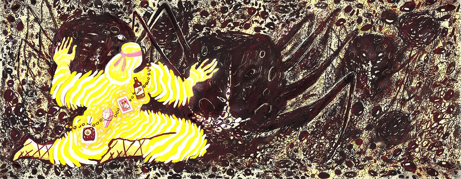 Illustration of a woman fighting a beast representing anxiety