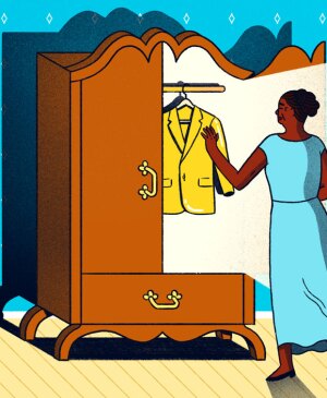 illustration of woman grabbing yellow blazer from armoire in bedroom