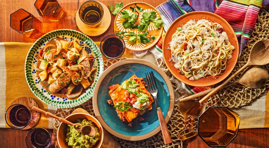 Three recipes overhead surrounded by colorful place settings