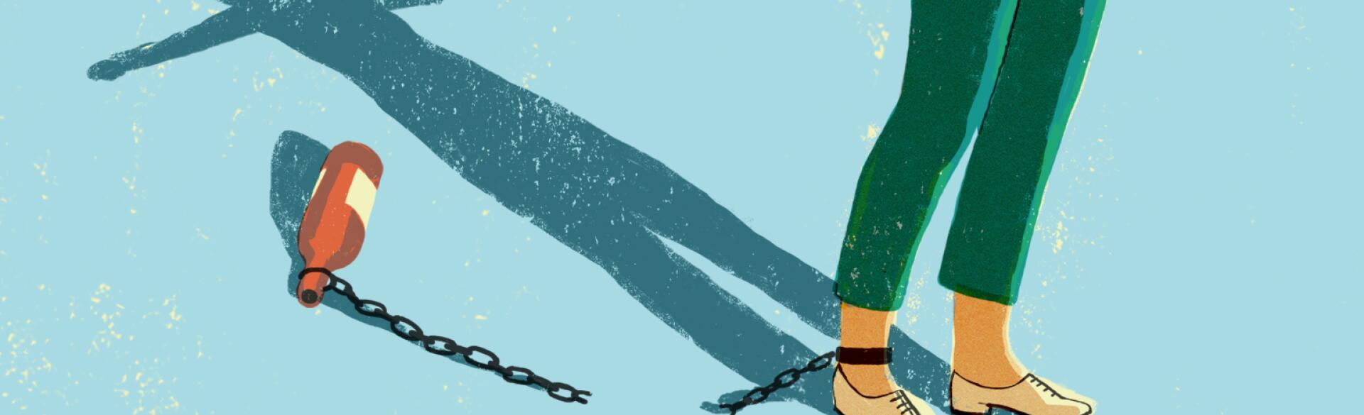 An illustration of a woman with a broken chain around her ankle. The other end of the broken chain is attached to an alcohol bottle.