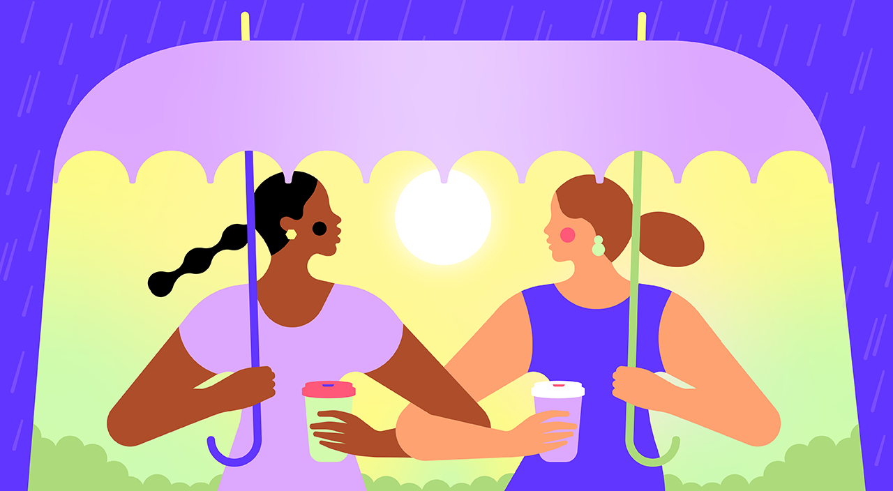 illustration of 2 woman holding umbrellas protecting themselves from the run, friendship mantras, advice
