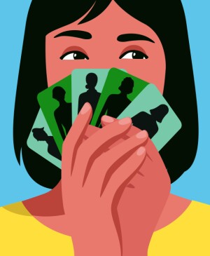 illustration of woman holding up gaming cards with silhouettes of people on the covers