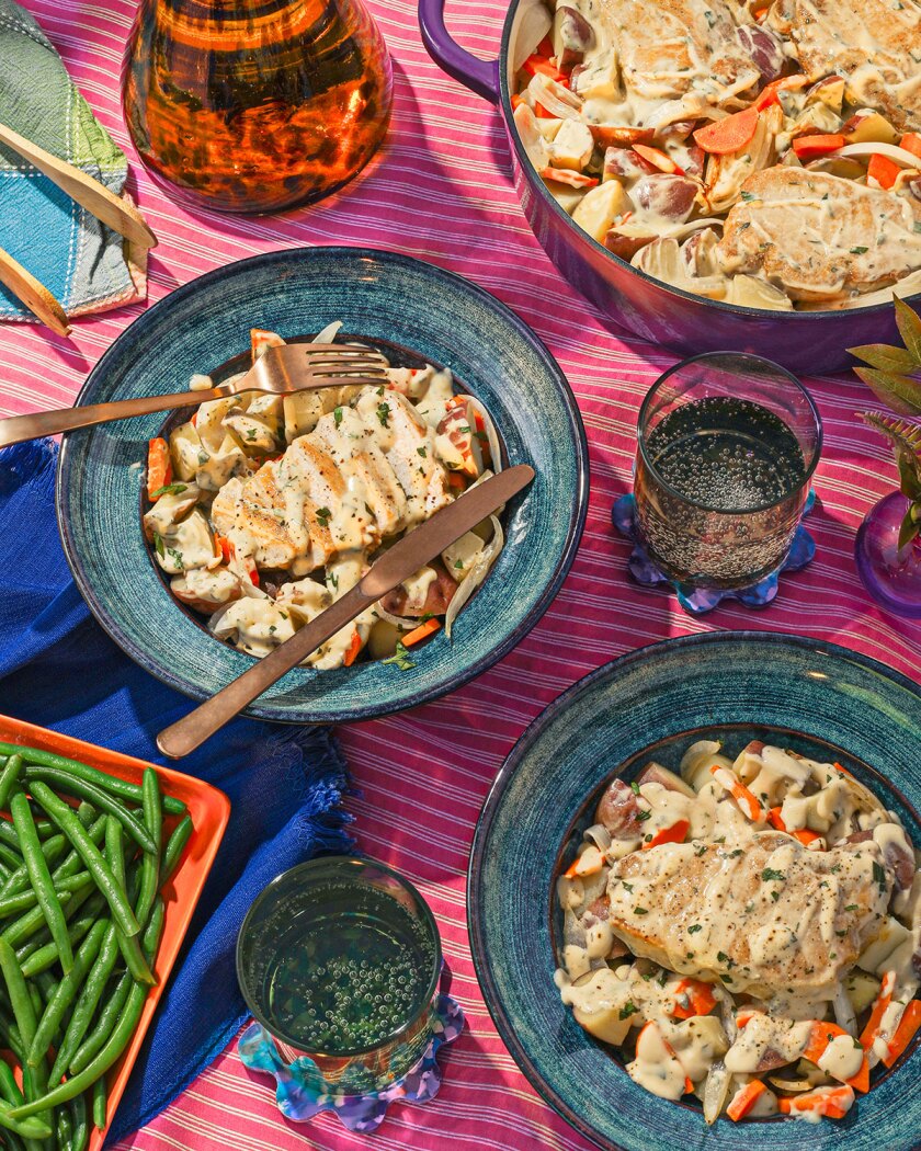 Crockpot meals styled on bright surface