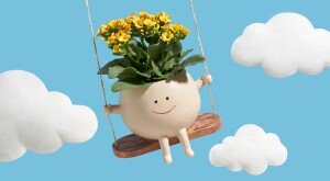 Image of a happy flower pot with yellow blooms swinging in a blue sky