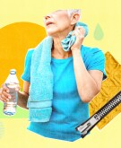 photo collage of woman patting herself dry from sweat and holding water bottle, fashion rule of summer