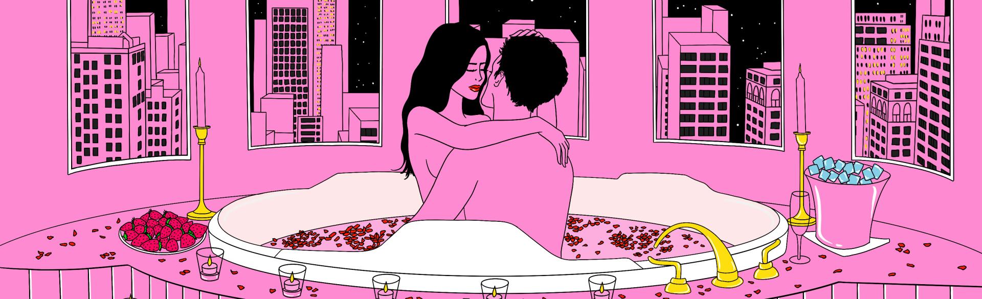 Illustration of a couple spicing it up by making love in bathtub.