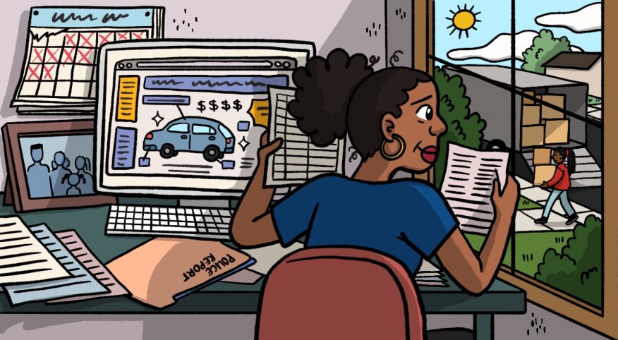 illustration of woman sitting at computer dealing with car crash problem