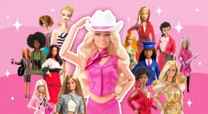 collage of different barbie dolls on pink background with white sparkles