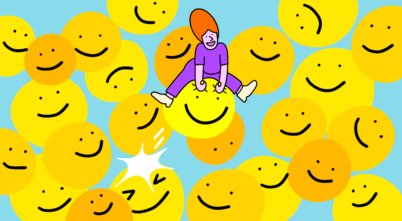 animation illustration of woman bouncing on happy bouncy ball, energy, happiness, peace