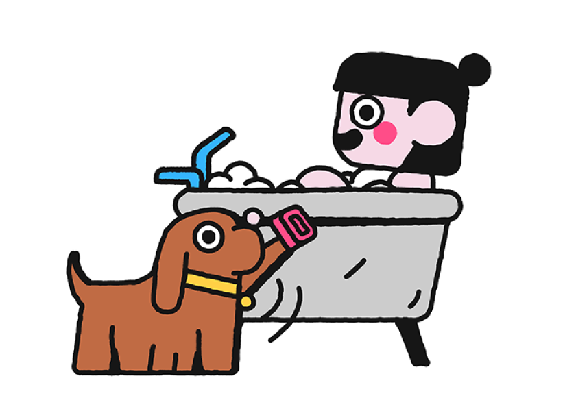 illustration of woman taking a bath and dog handing her a bar of soap