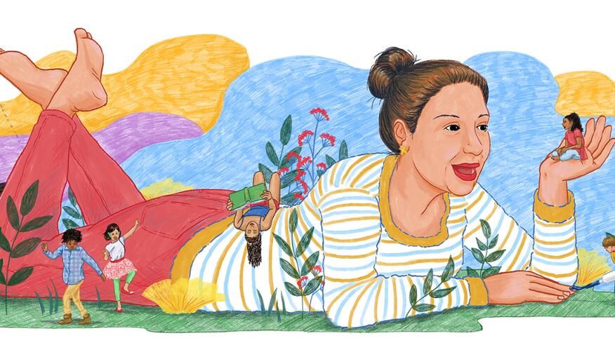 A graphic of an oversized aunt, as her nieces and nephews play around her.