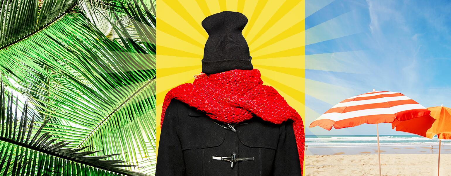 collage of palm tree, woman wrapped in winter coat scarf and hat, and beach umbrellas