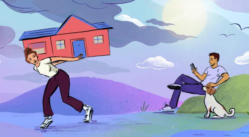illustration_of_woman_holding_her_house_on_shoulders_while_husband_is_on_phone_by_Vivian Shih_1440x560.png