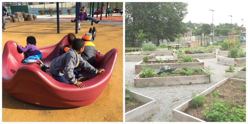 Collage of kids at a park and a community garden