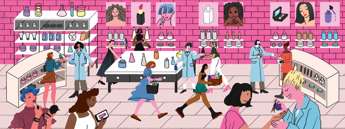 illustration of women in beauty store trying on different products