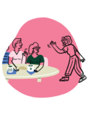 A woman waving hello to a table of other women