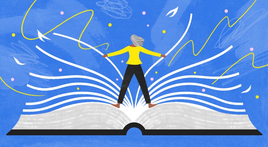 illustration of woman standing on open book
