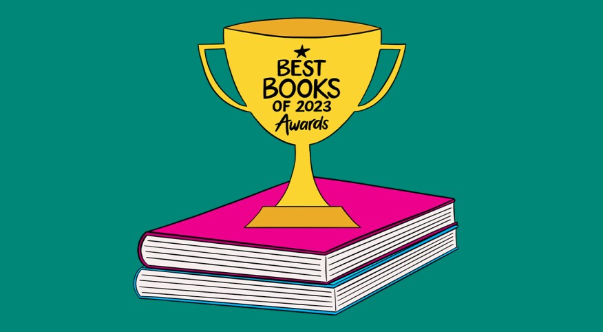 illustration of best books of 2023 trophy on top of 2 books
