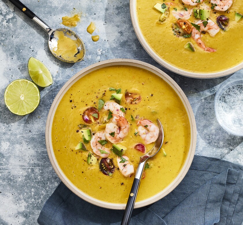 Peach Gazpacho With Shrimp Salad Confetti