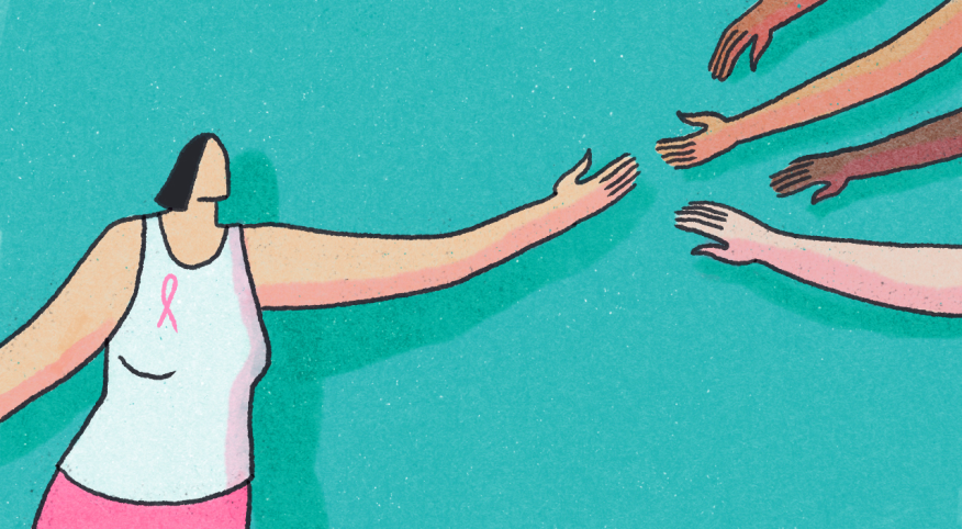 illustration of woman with cancer reaching out to her support system