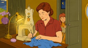 illustration of mother sewing garment as daughter opens the room door
