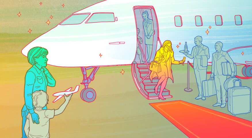 illustration of woman with her son watching her friend get off a private plane