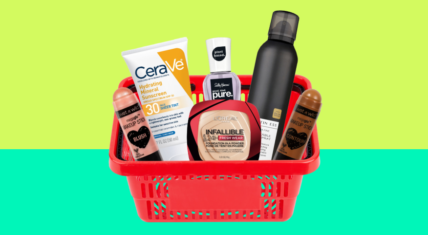 photo collage of drugstore beauty products in shopping cart
