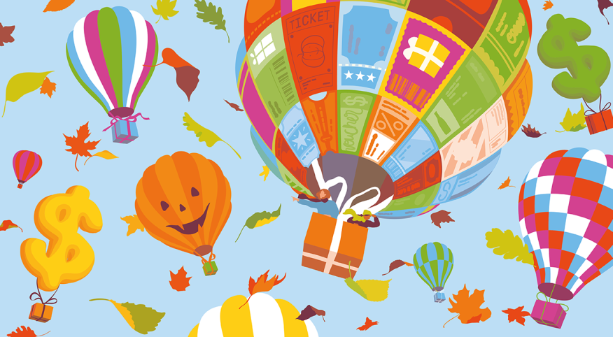 illustration of hot air balloons in sky with leaves flying around, fall freebies, savings