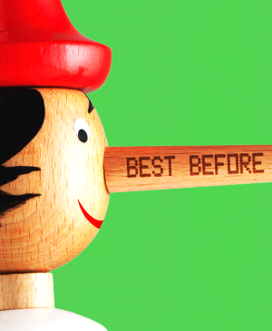 Wooden toy figurine with long nose and "Best Before" text written on the side