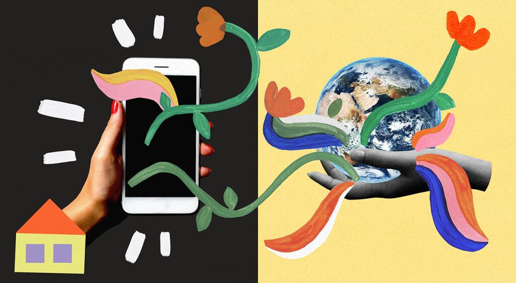 photo collage of a hand holding a phone and a hand holding earth, volunteering
