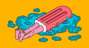 illustration of popsicle with female legs laying down in puddle of sweat