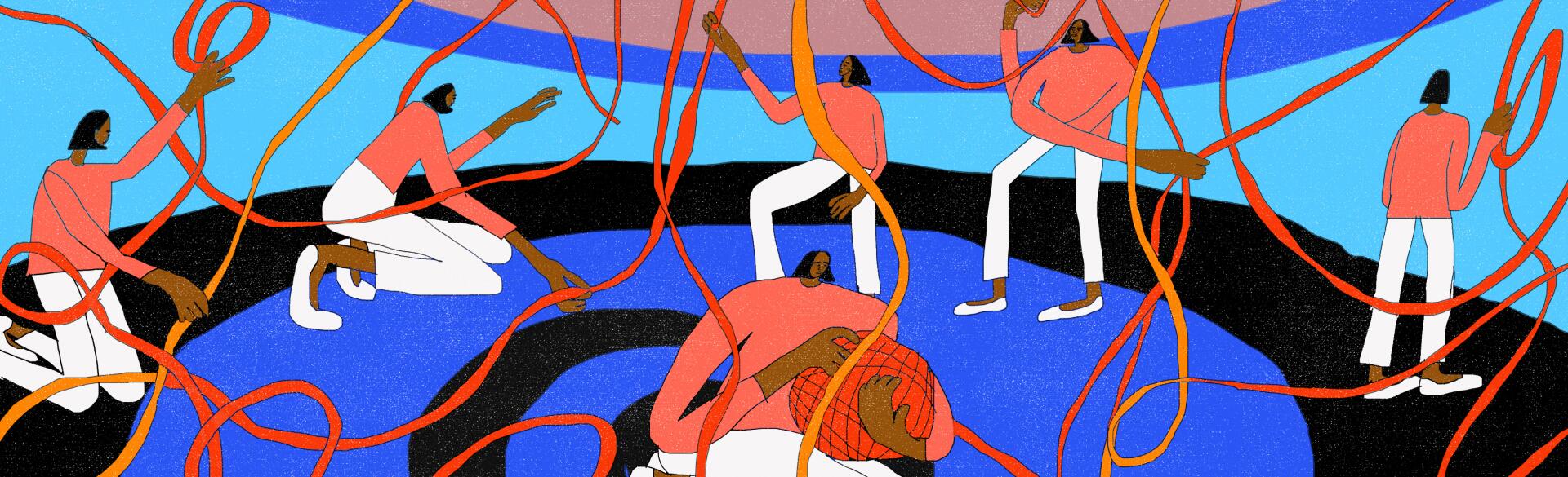 illustration of lady trying to put back together a yarn ball