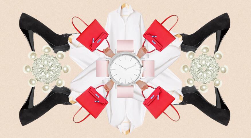 Collage of classic fashion pieces, including a watch, white shirts, handbags, pearl earrings and black high heels